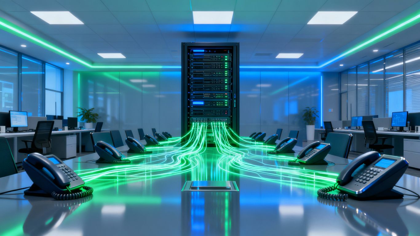 Modern business voice and data system with glowing connections.