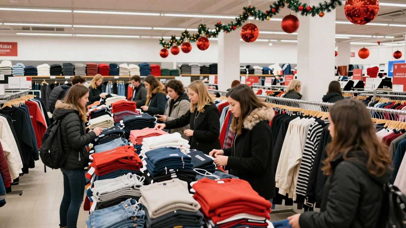 Shoppers enjoying winter sales, finding deals on clothes.