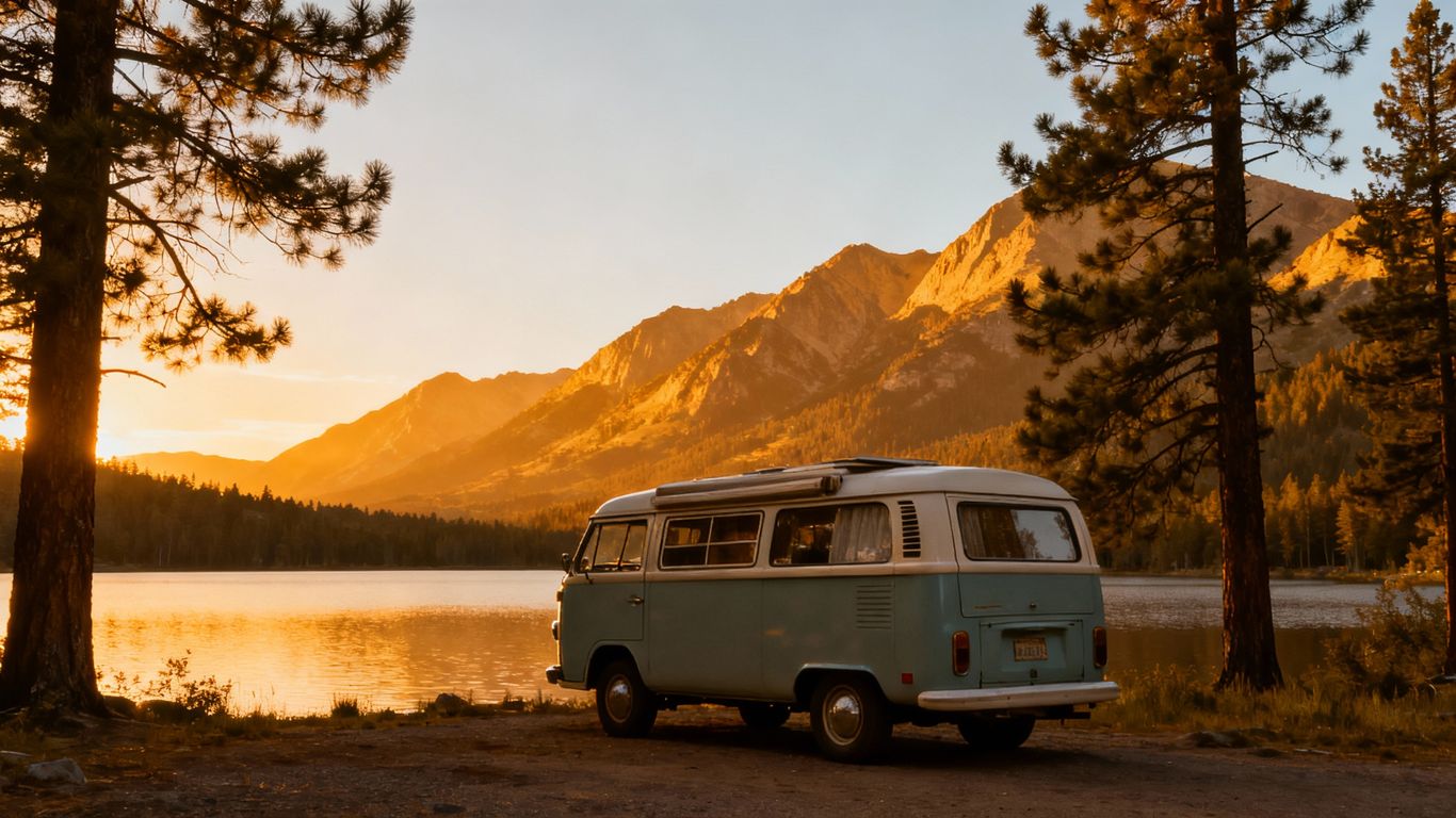 Campervan parked by a lake at sunset.