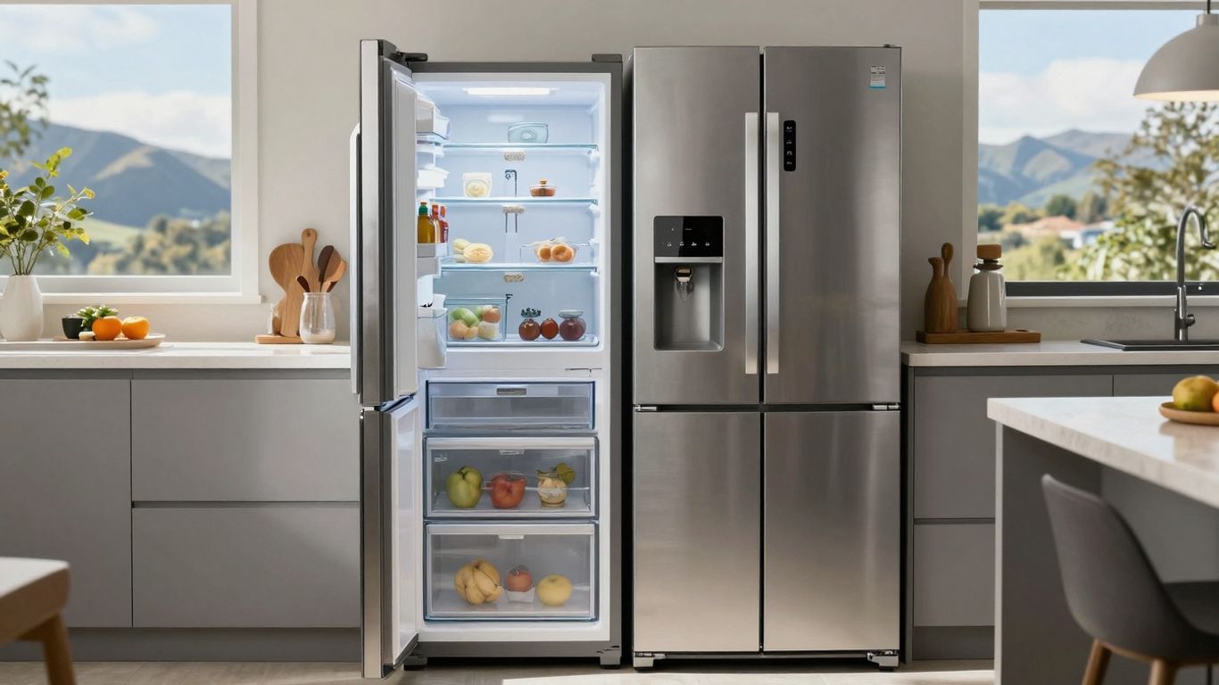 Modern fridge and freezer in a New Zealand kitchen.