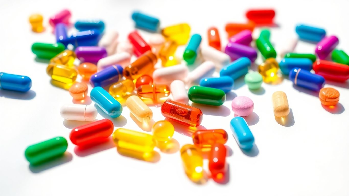 Colorful vitamin capsules and tablets on a white surface.
