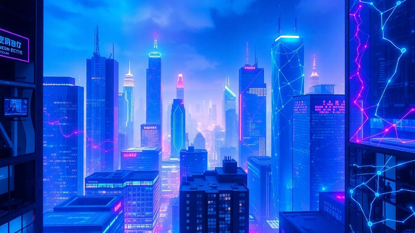 Futuristic cityscape with glowing AI neural networks.