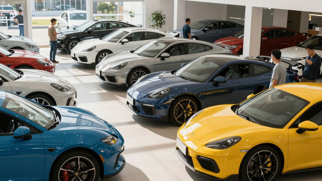 Carros novos e usados em um showroom moderno.