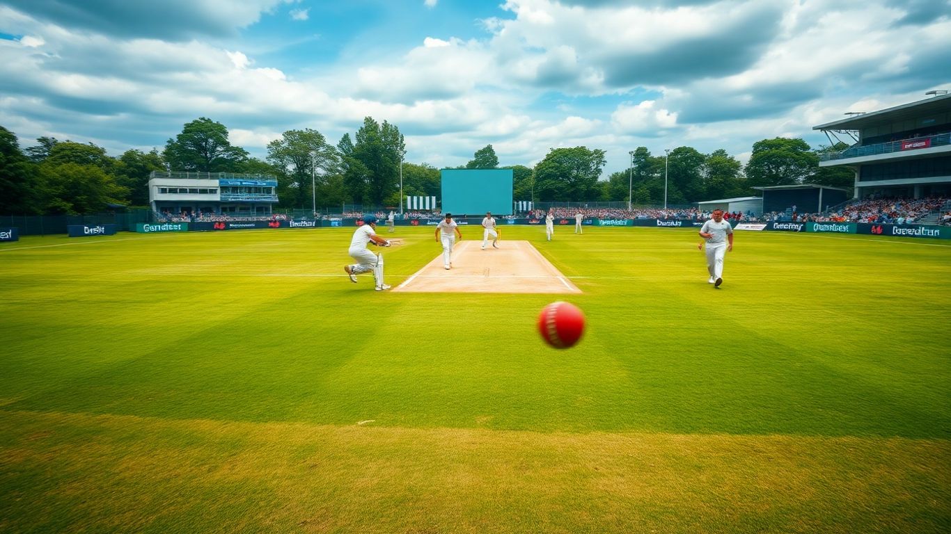 Cricket players in action on a sunny day.