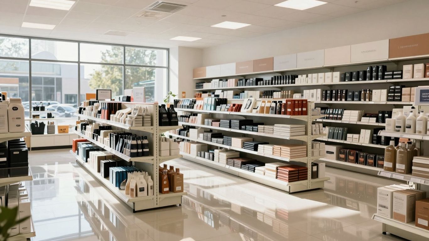 Čistý a lesklý interiér modernej predajne.