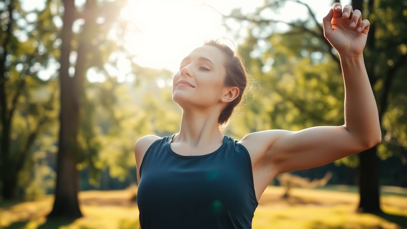 Person stretching outdoors in sunlight, looking calm.
