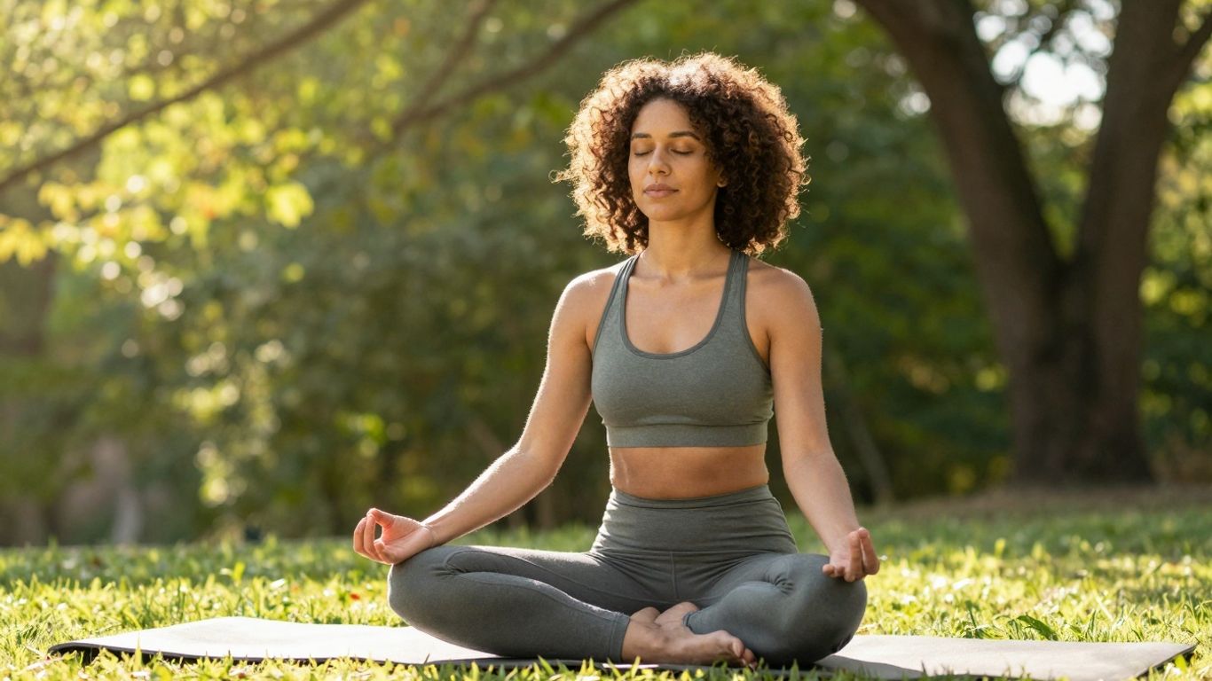 Woman meditating peacefully outdoors on a yoga mat.