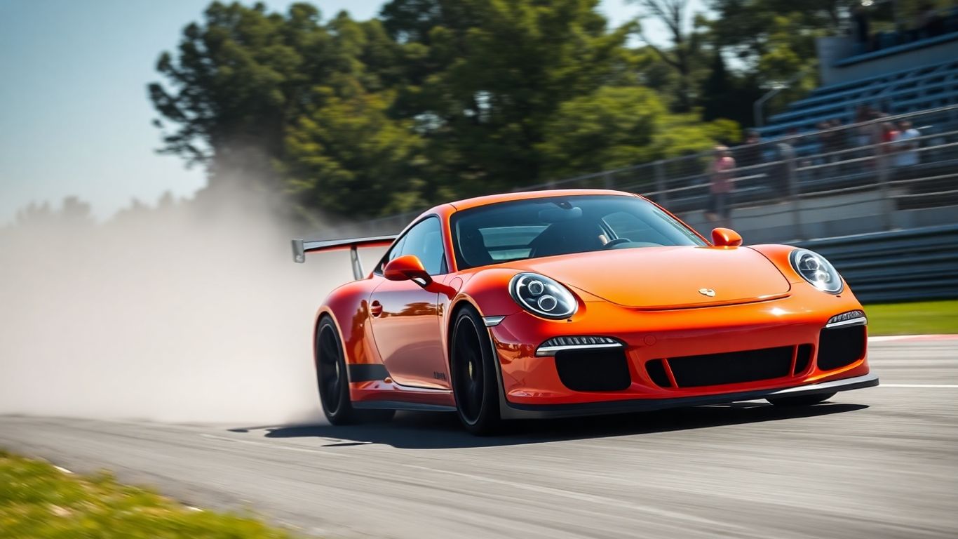 Porsche race car speeding on a track during Petit Le Mans.