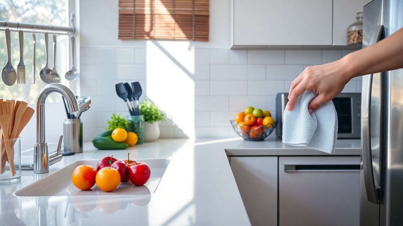 Sparkling kitchen counter with fresh produce and clean utensils.