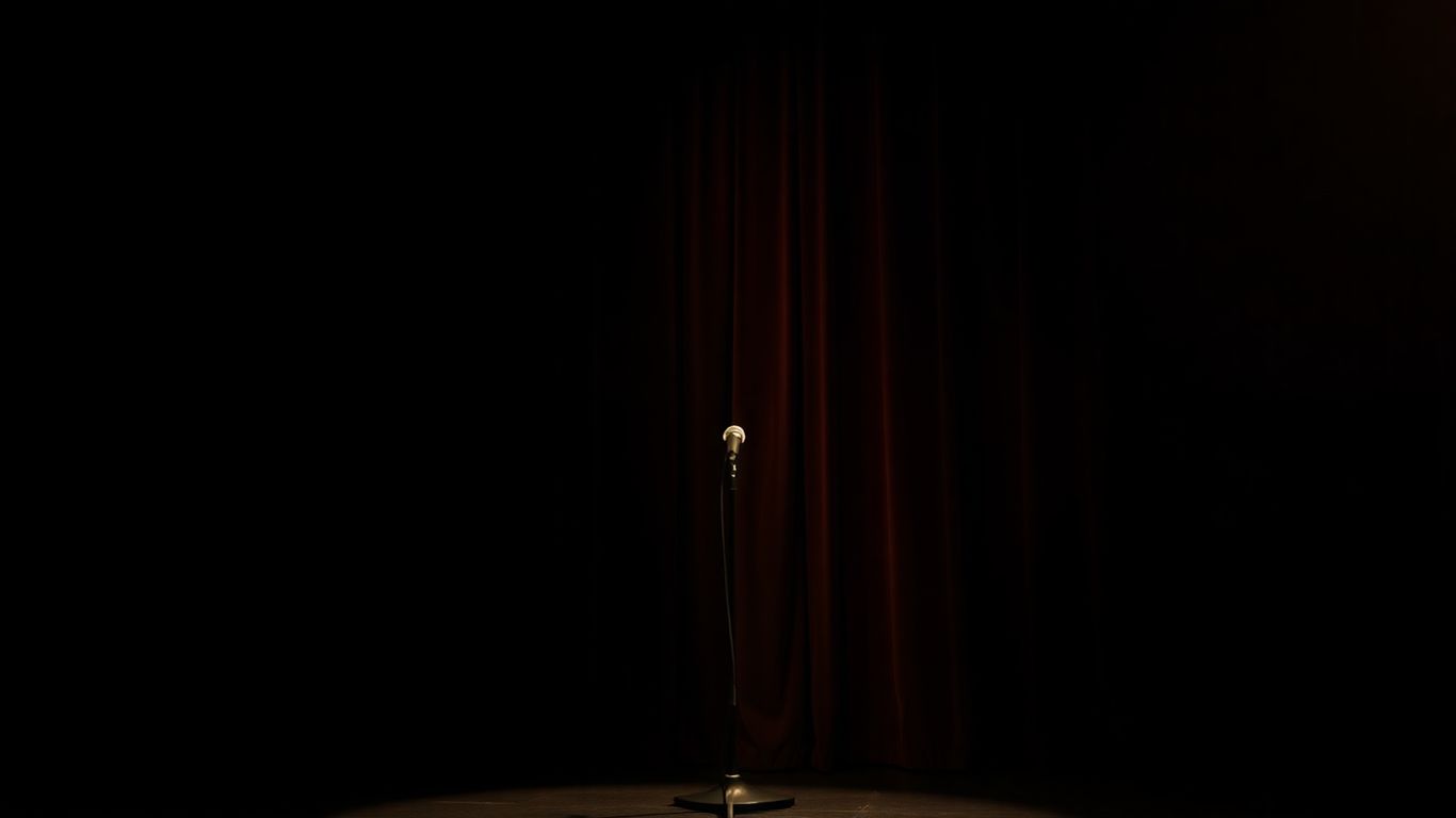 Spotlit microphone on a comedy club stage.