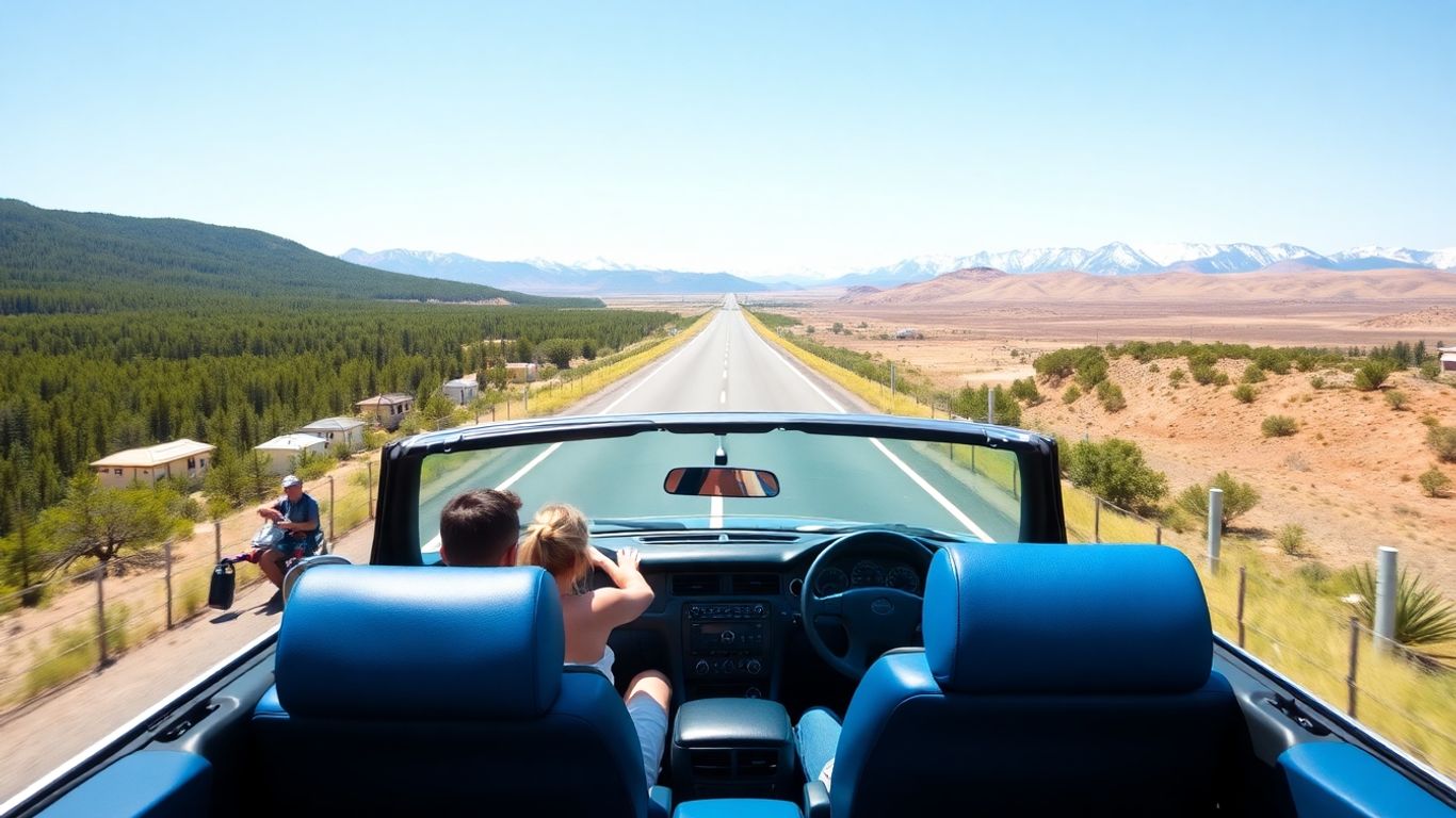 Viaje en carretera con paisajes diversos y coche descapotable