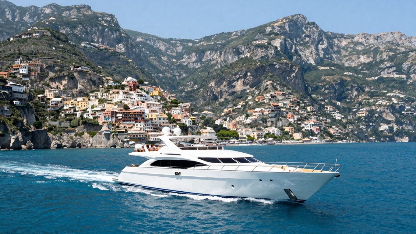 Luxury yacht sailing Amalfi Coast waters.
