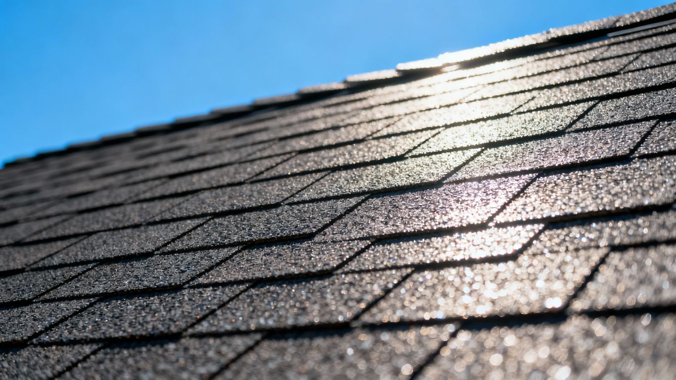Newly installed GAF asphalt shingle roof detail.