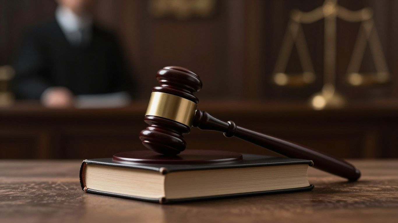 Gavel on books, courtroom background, legal evidence concept.