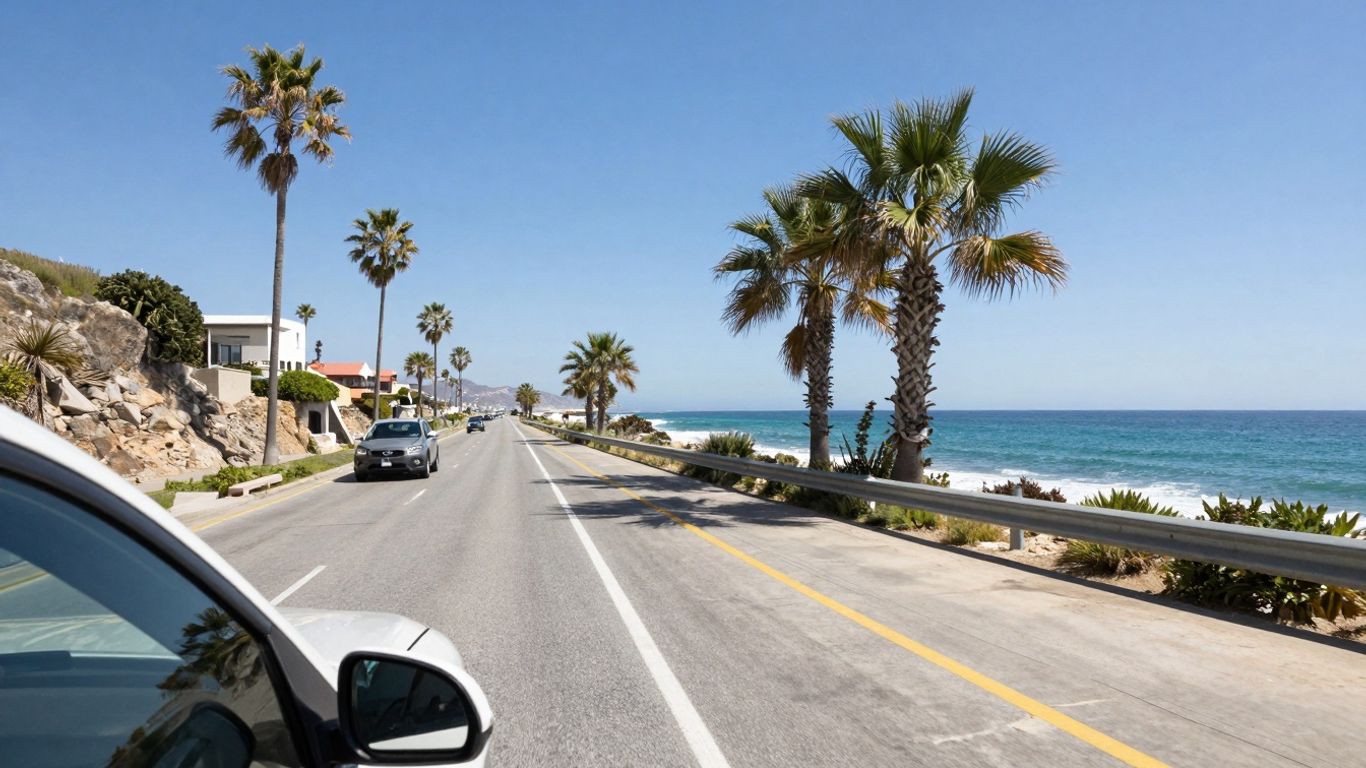 Car driving on a scenic highway in Cabo San Lucas.