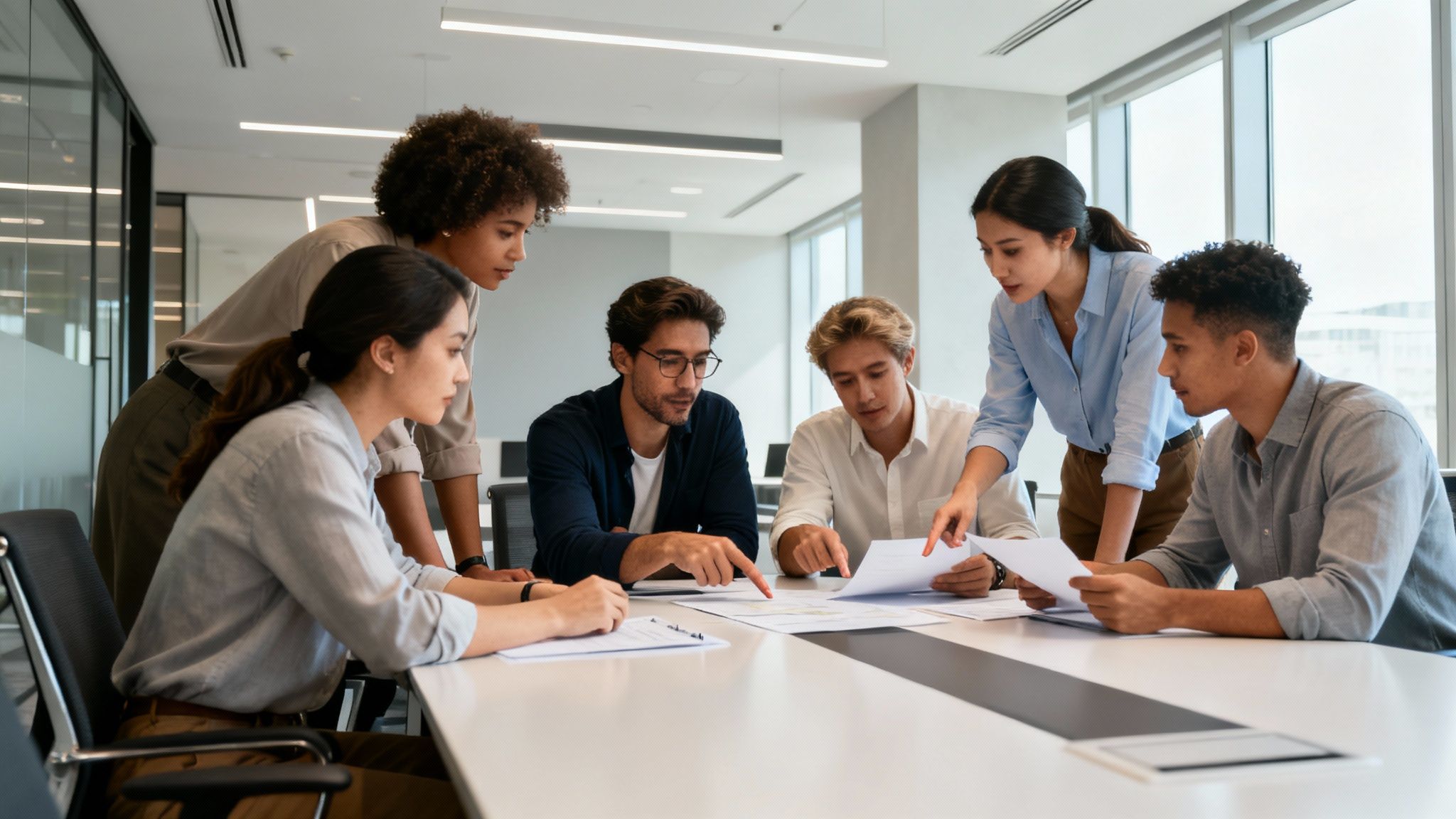Business professionals in a meeting discussing services.