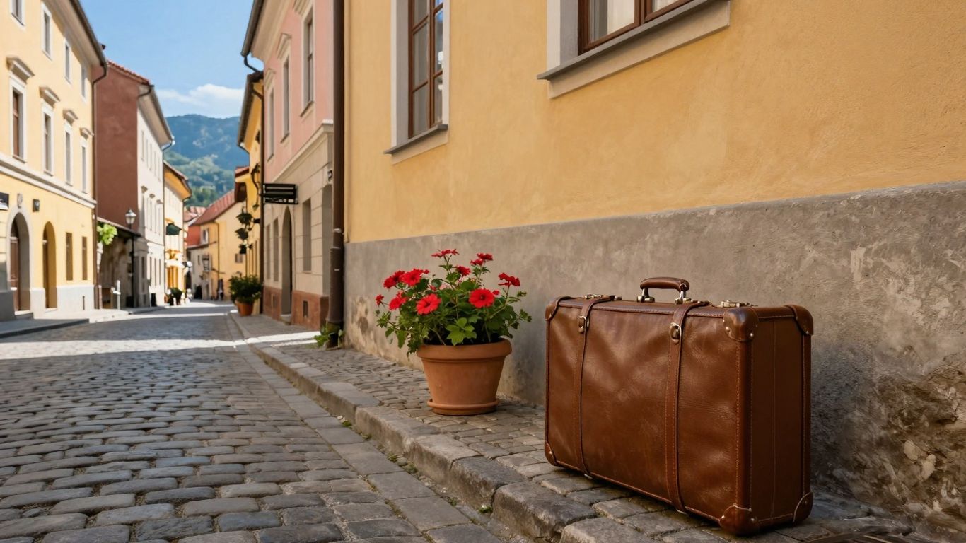 Budget European cityscape with suitcase and flowers.