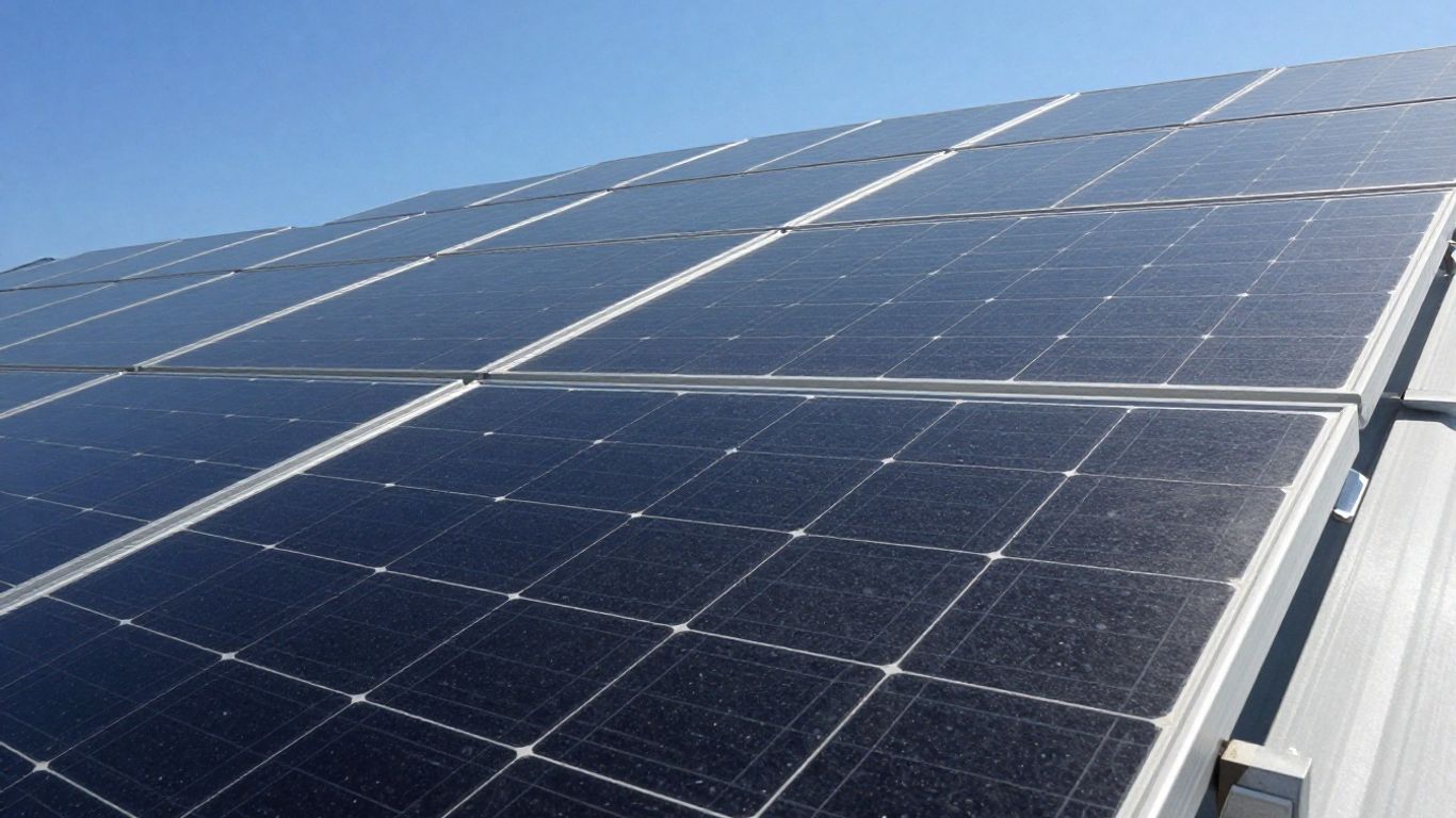 Panneaux solaires sur un toit sous un ciel bleu.