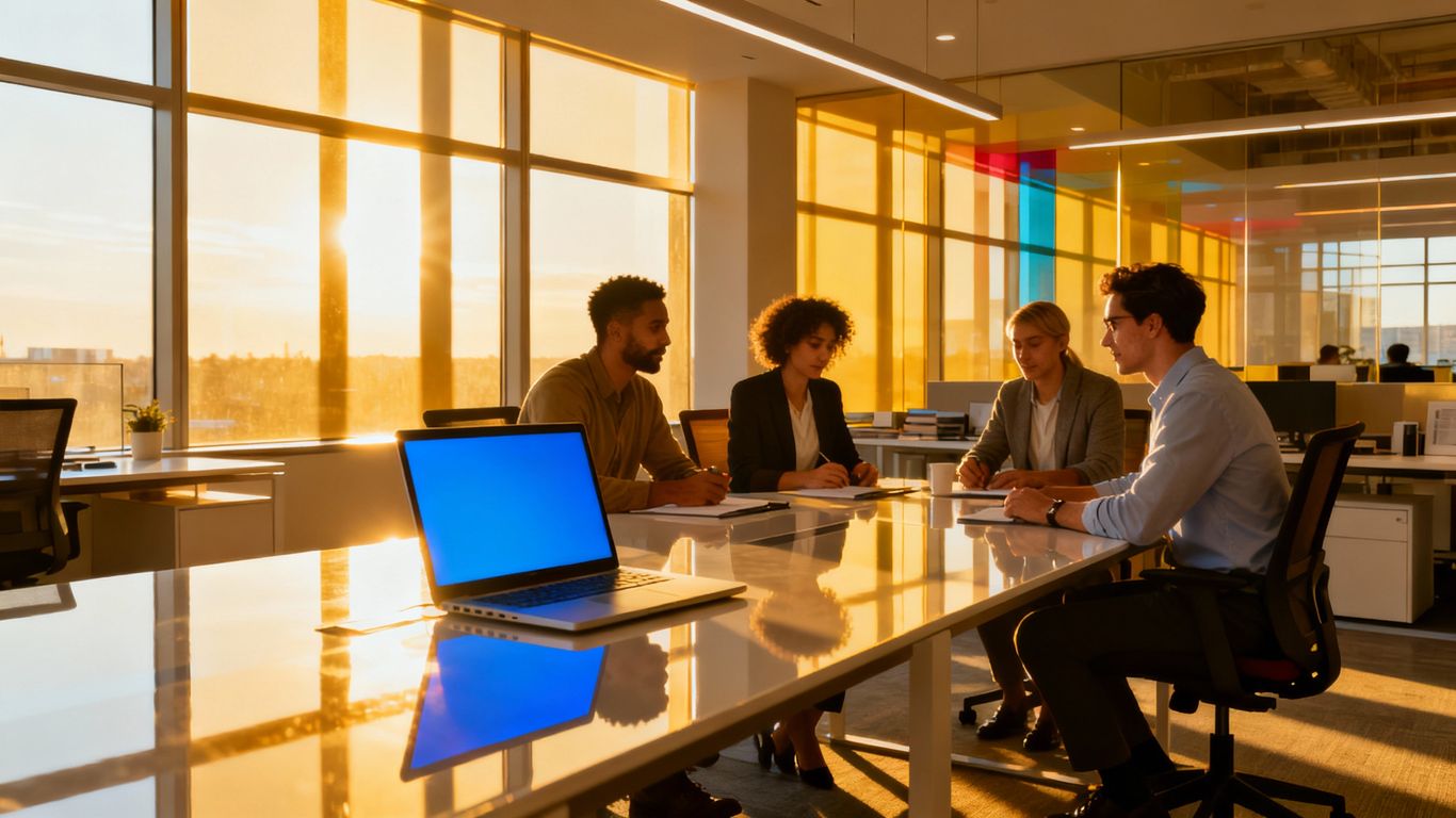 Business professionals collaborating in a modern office.