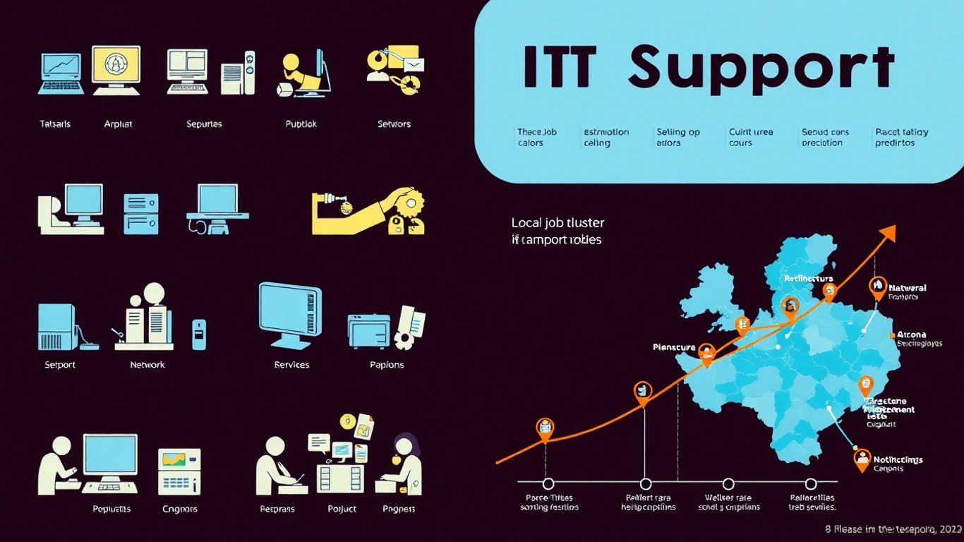 IT support jobs infographic with career paths and local map.