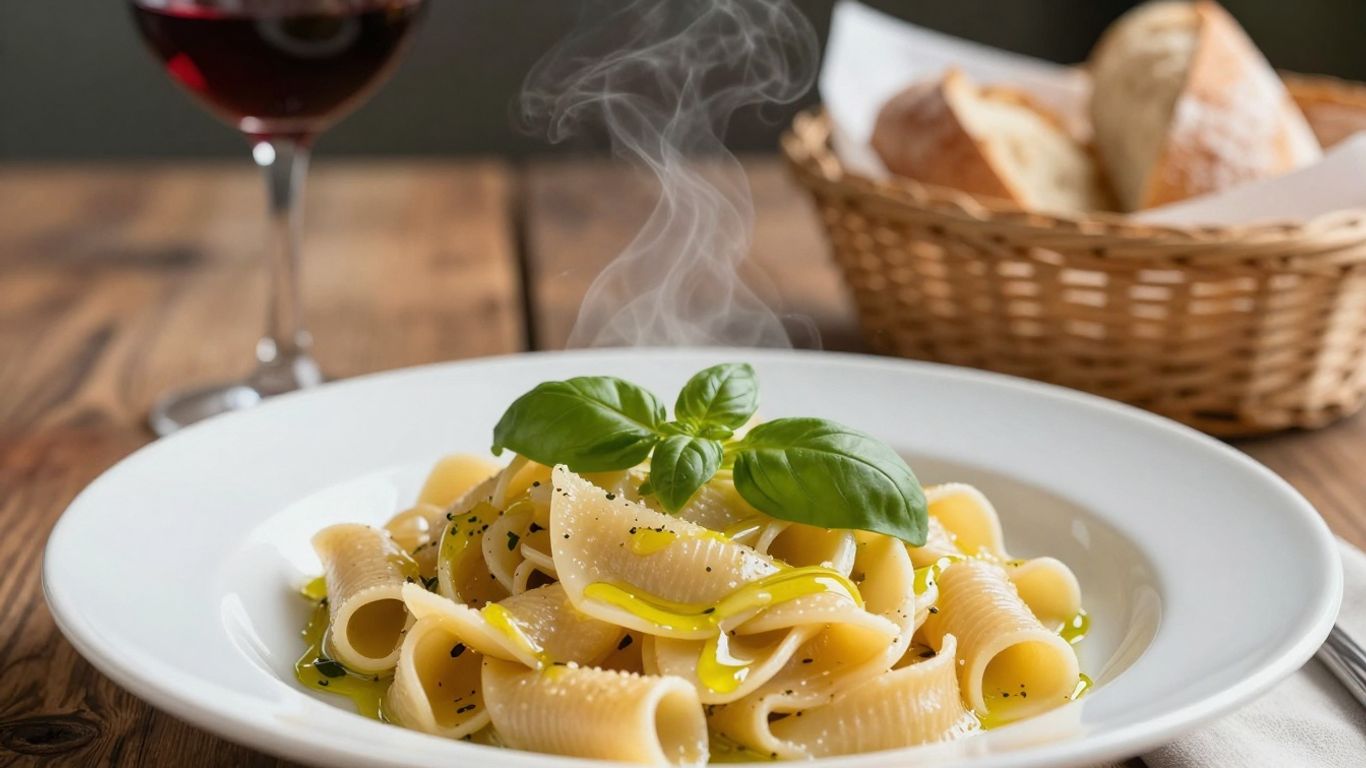 Farfurie cu paste, vin roșu și pâine pe masă.