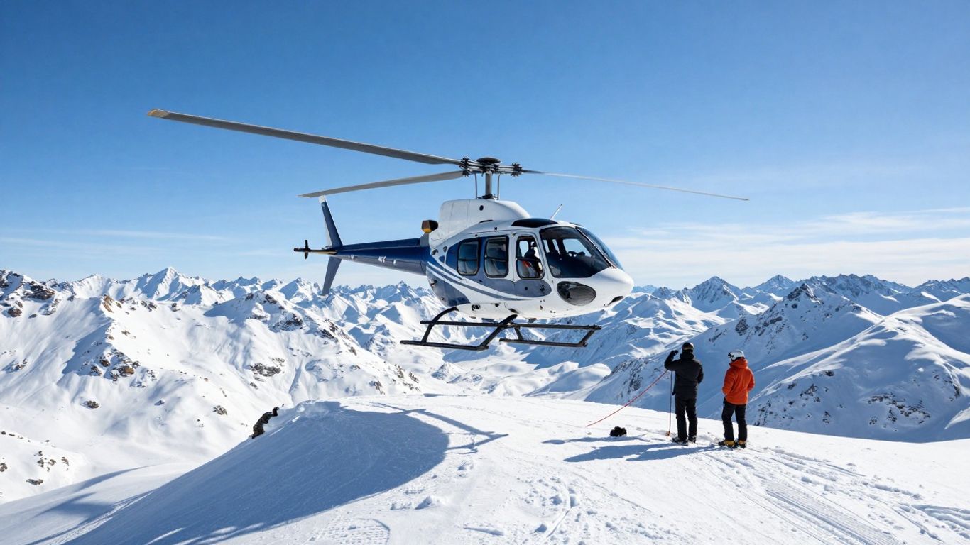 Helicopter preparing for heli-skiing transfer in snowy mountains.