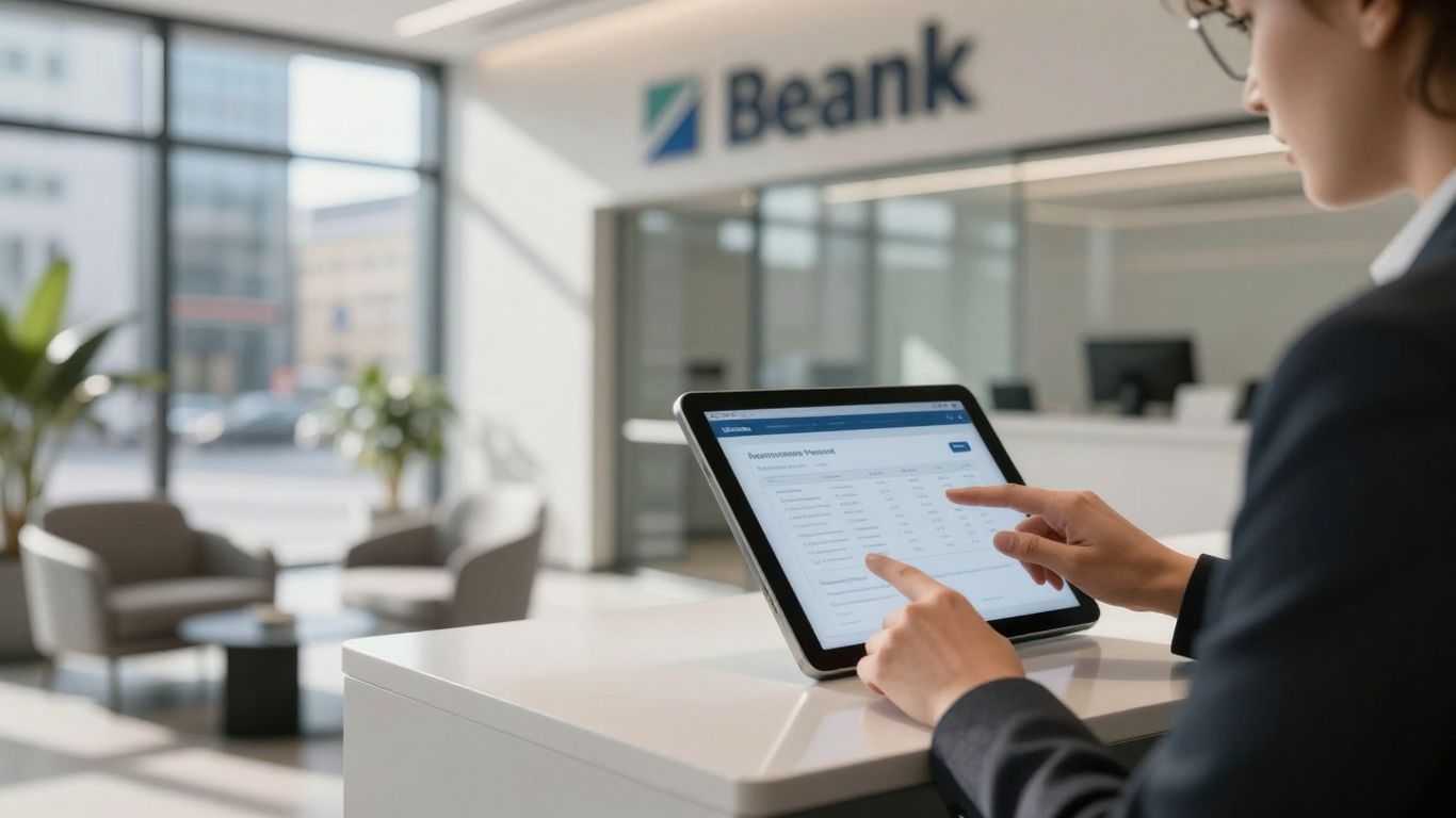 Modern German bank interior with digital interface.