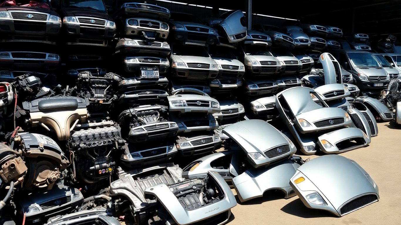 Chrysler car parts at a wrecking yard.