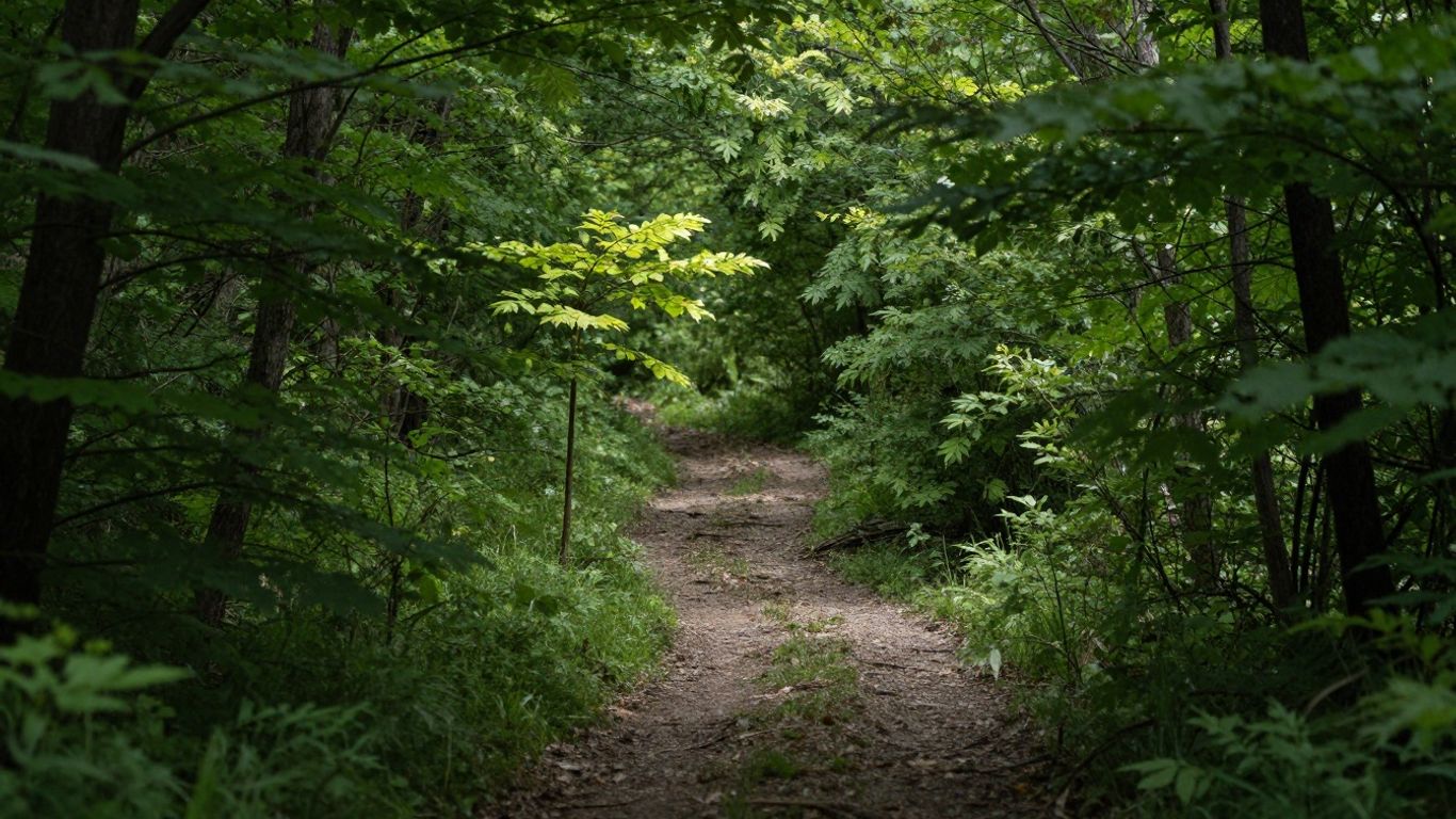 Ein ruhiger Waldweg, der sanft bergauf führt.