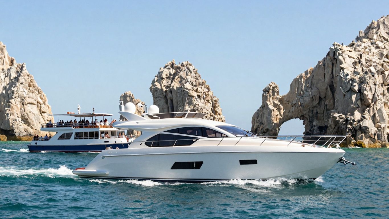 Cabo party boat and private yacht on blue water.