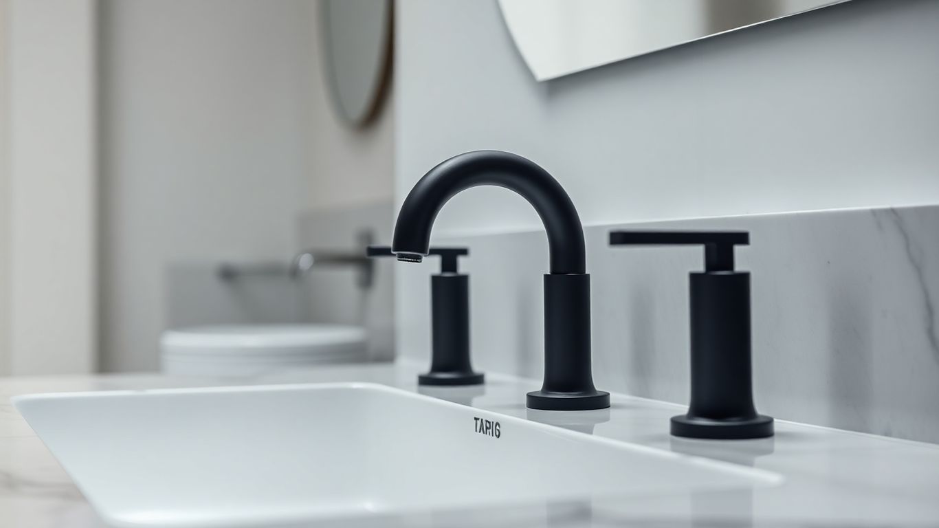 Modern bathroom with black taps and white fixtures.