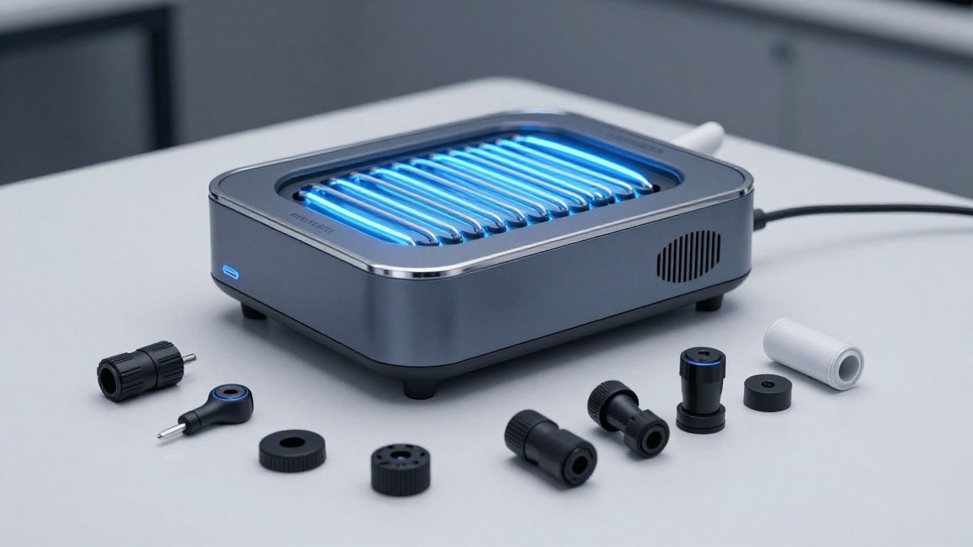 Modern PEMF machine with glowing coils and accessories.