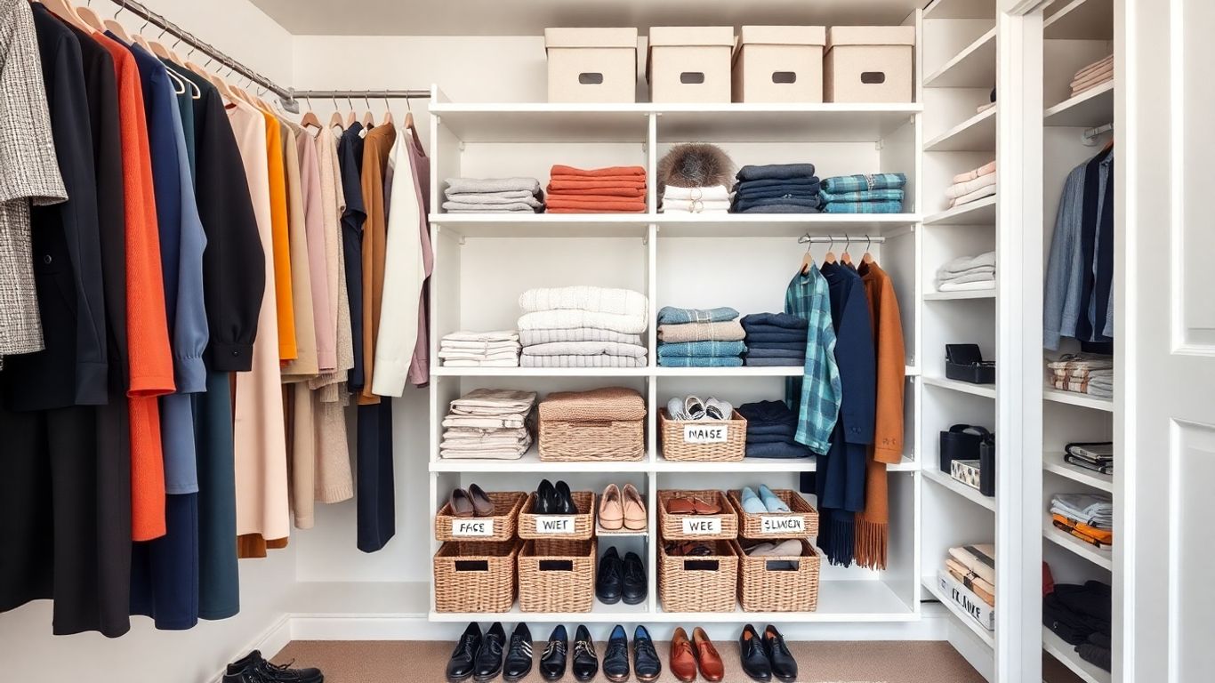 Neatly arranged wardrobe with clothes and accessories