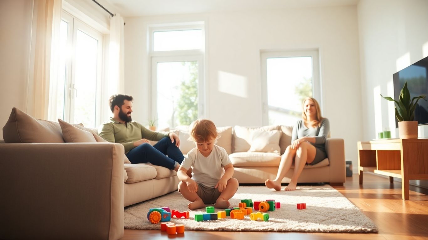 Family relaxing in a sunlit living room.