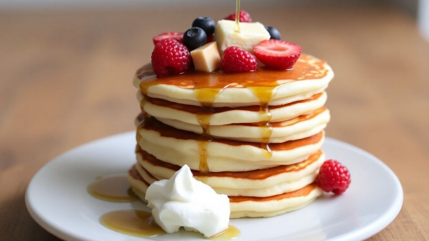 Stack of cottage cheese pancakes with berries and syrup.