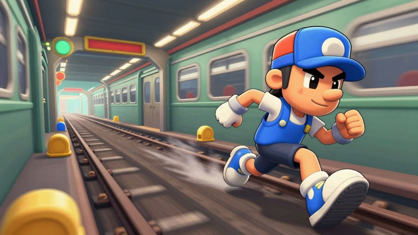 Subway Surfers character running and dodging obstacles.
