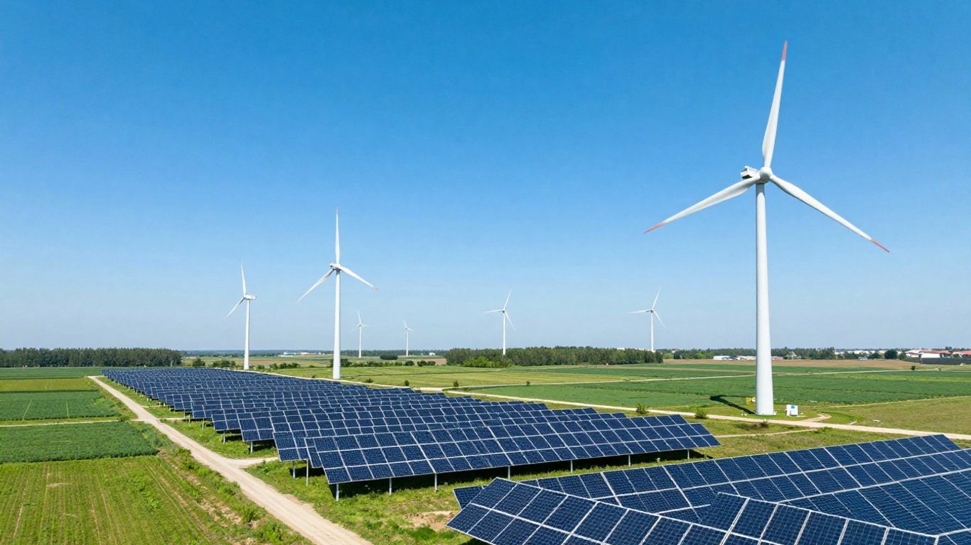 Turbine eoliene și panouri solare pe un câmp verde.