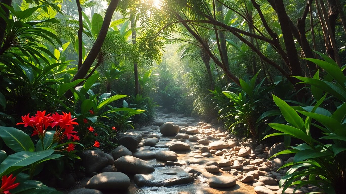 Lush Balinese jungle with sunlight and tropical flowers.