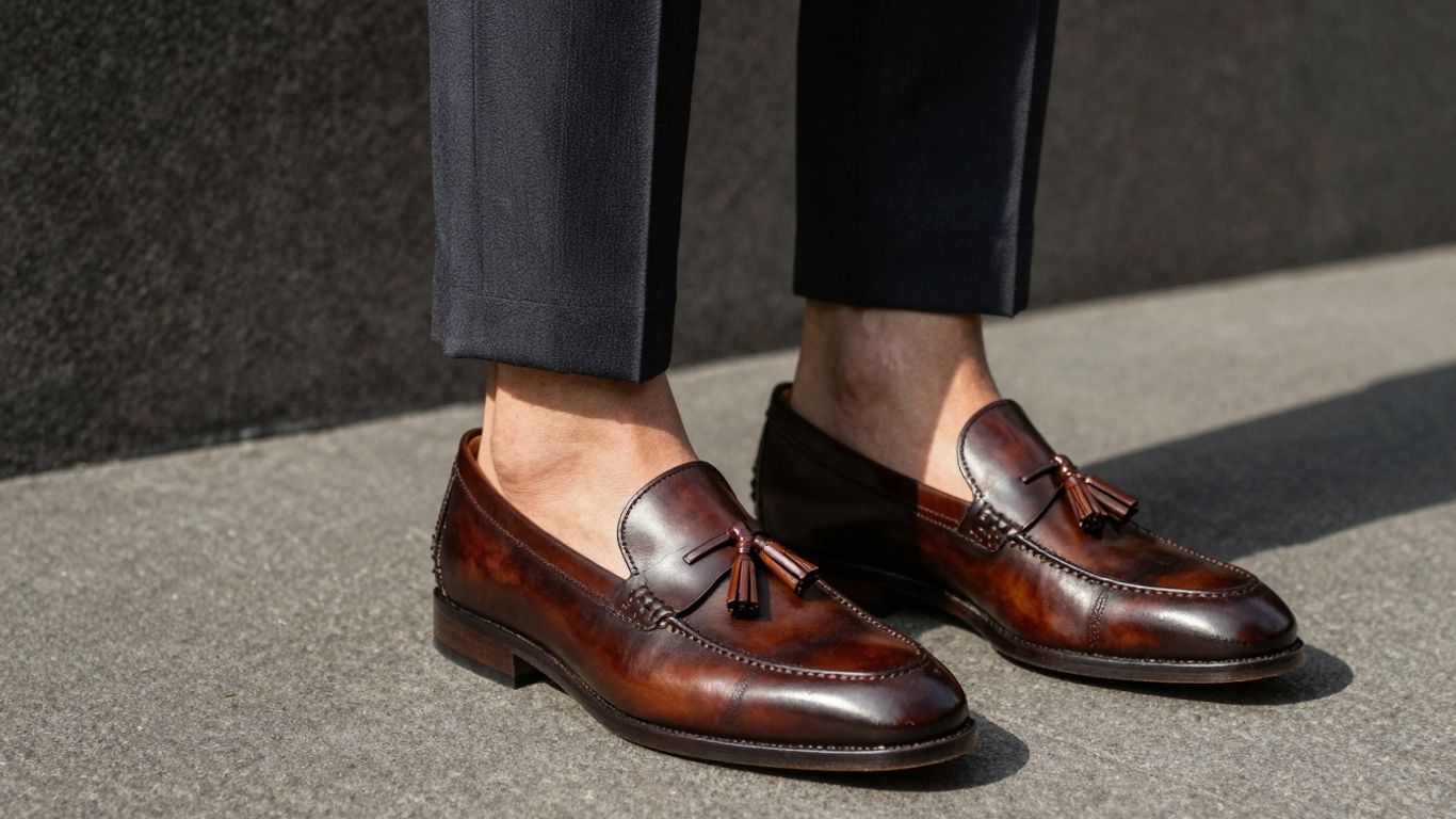 Man wearing tassel loafers with a suit.