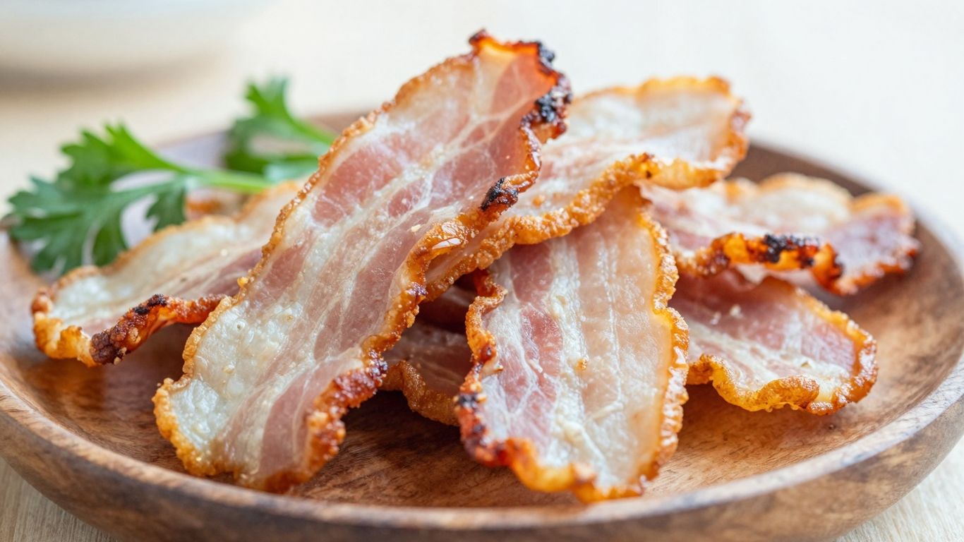 Crispy tempeh bacon strips on a wooden plate with herbs.