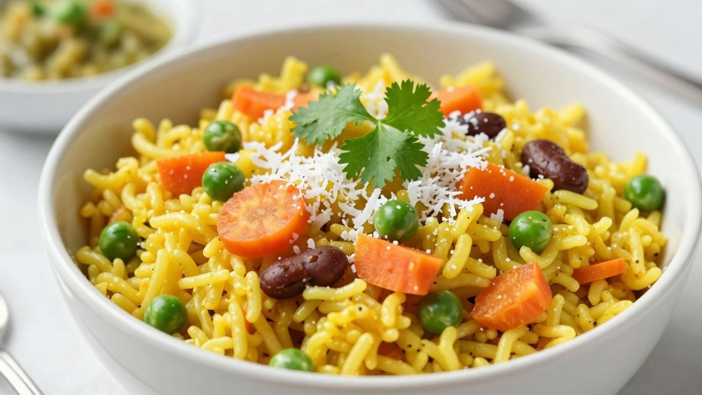 Bowl of vegetable upma with cilantro and coconut