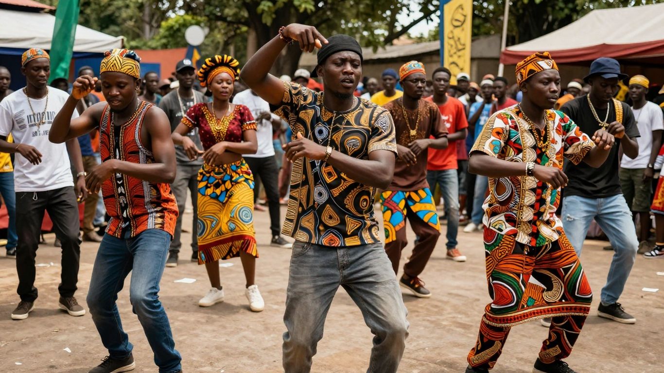 Afrobeat and hip-hop dancers in a vibrant fusion.
