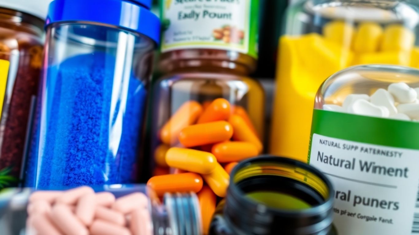 Supplement bottles with colorful powders and capsules inside.