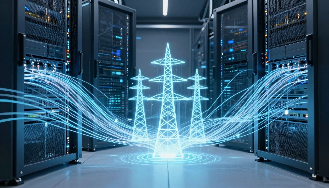 Glowing server rack connected to a digital power grid.