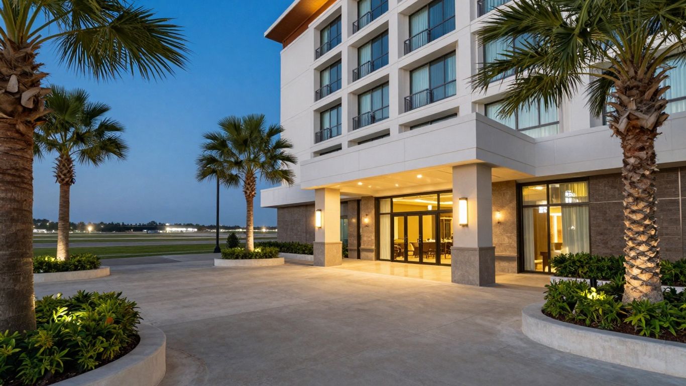 Komodo Airport hotel exterior with palm trees and runway view.