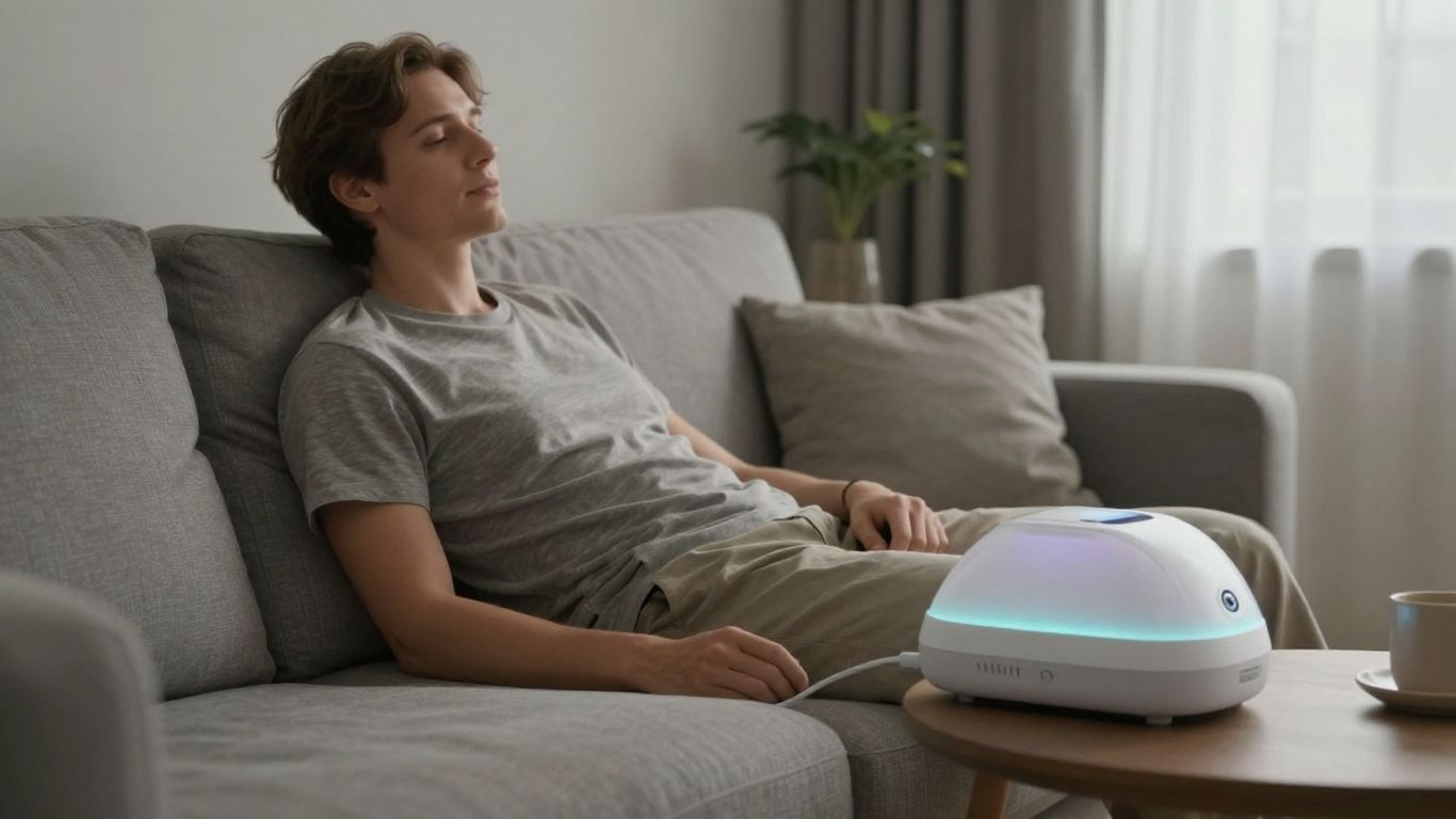 Person relaxing at home with PEMF therapy device.