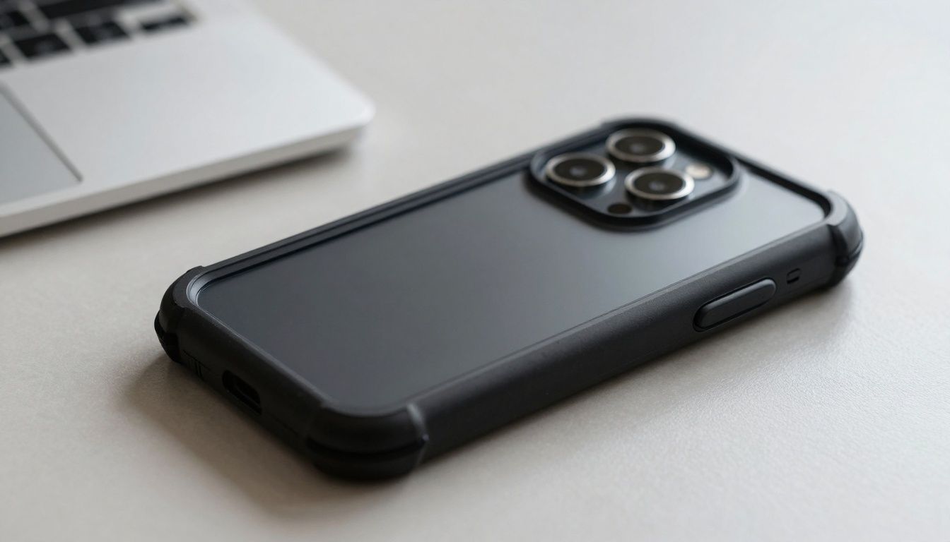 Close-up of a generic smartphone in a rugged, black protective case on a neutral table