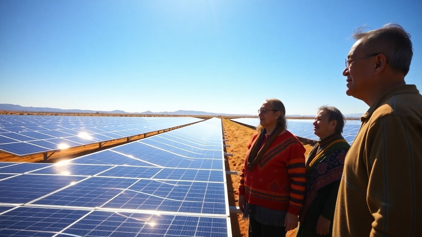 Indigenous elders near solar panels under a bright sun.