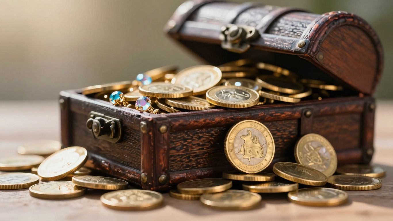 Treasure chest overflowing with gold coins and jewels.