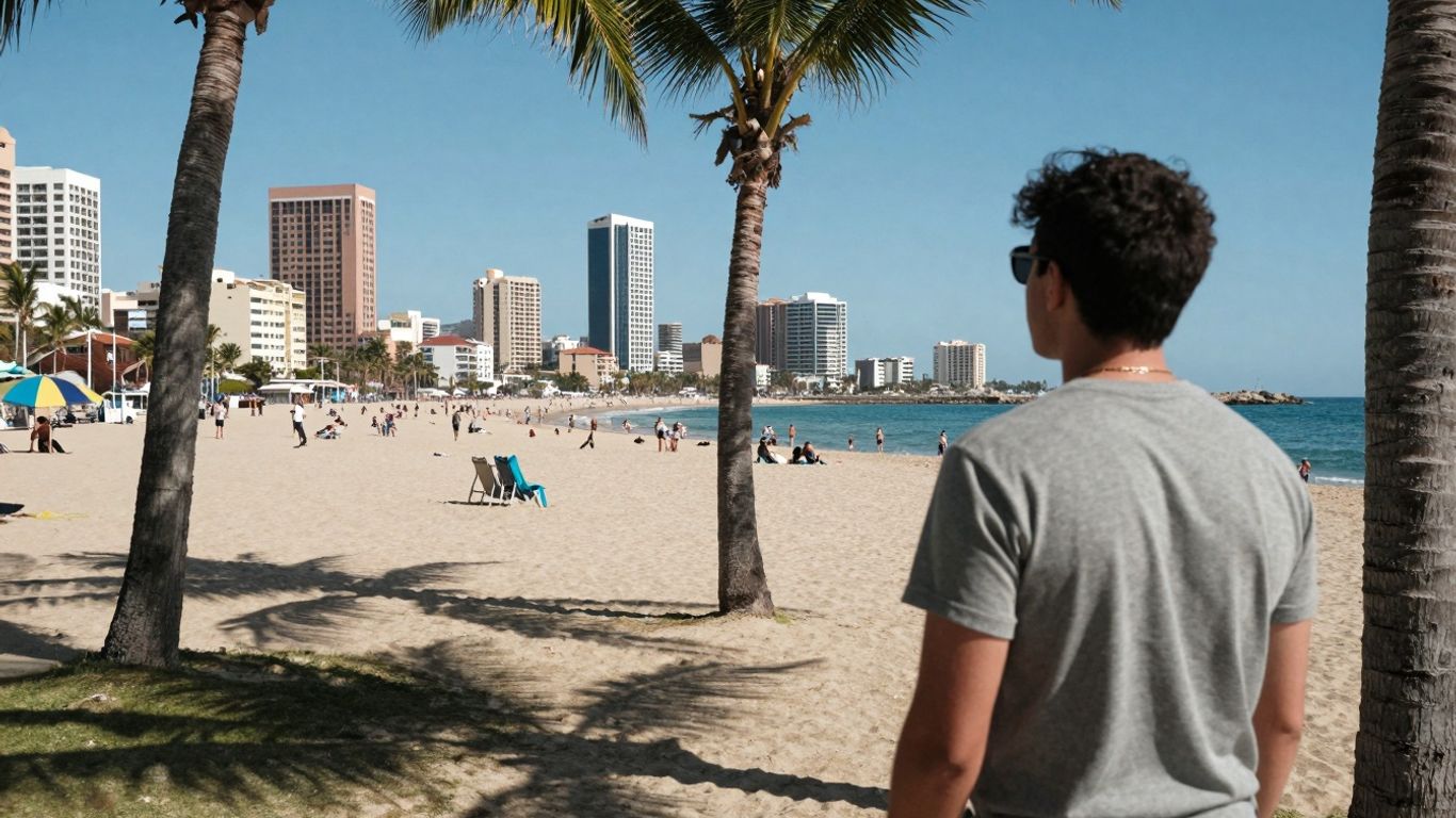 Person on beach looking at city, symbolizing e-commerce freedom.
